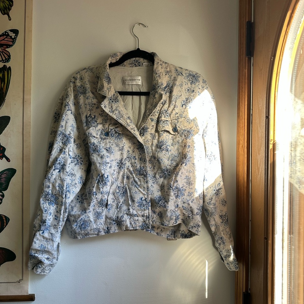 Liz Claiborne Linen Blue and White Floral Bomber Jacket